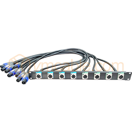 P1N8-NL4, Audio-connection panel speakON, 1 HE, 8 BE, NL4 MPXX 4-pole female / NL4 4-pol male, 2.0 mm steel panel, colour: black