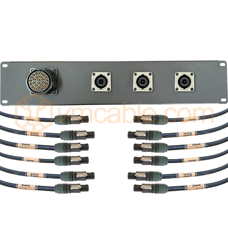 P2K25-3NL8-NL4 custom, 19 inch Pannel, 1x 25-pol female, 3x Neutrik NL8 MPRXX, 12x Neutrik NL4FXX-W-L
